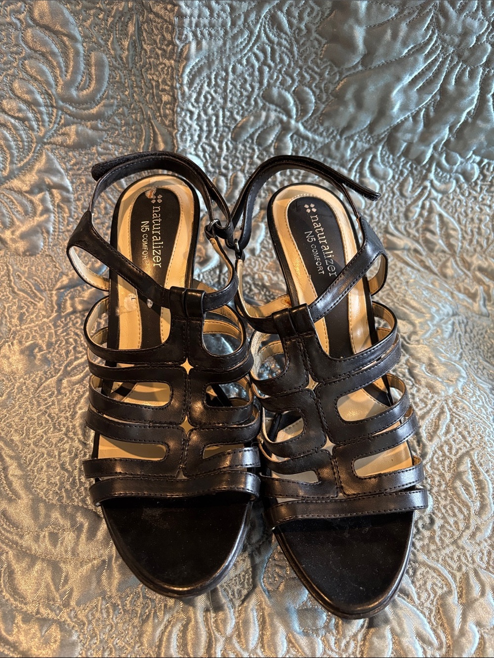 Naturalizer Daffodil Black Strappy Leather Heeled Sandals